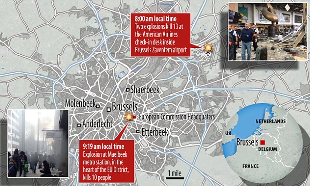 Карта на терористичните атаки в Брюксел.
