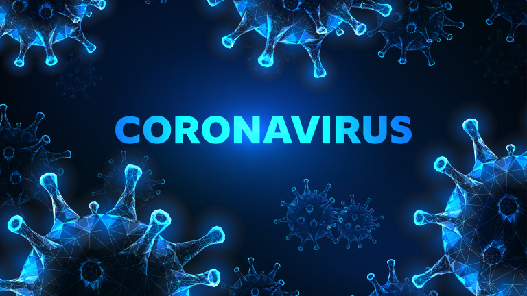 Futuristic coronavirus cells abstract background with glowing low polygonal virus cells and text on dark blue background. Immunology, virology, epidemiology concept. Vector illustration.